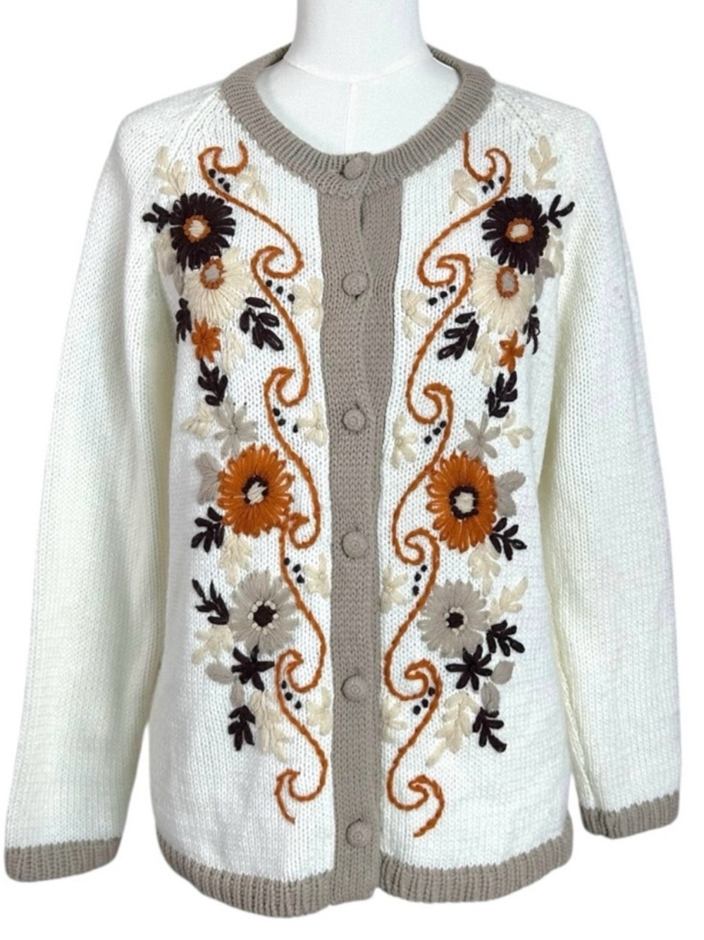 Vintage 70s Folk Art Cottage Cathy Embroidered Floral Cardigan Sweater Large